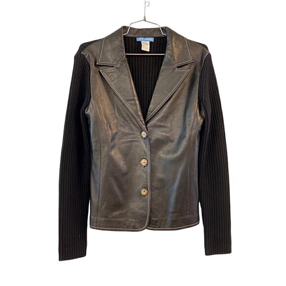 White + Warren Womens Knitted Blazer Jacket Black Lambskin Leather Button Small - Picture 1 of 7